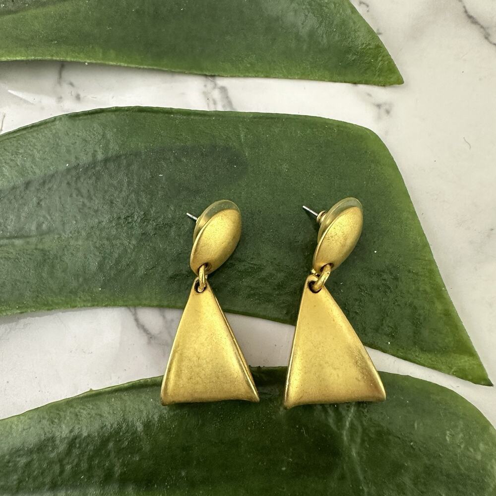 Vintage 90s Brushed Gold Tone Dangle Drop Earrings Chunky Geometric Matte